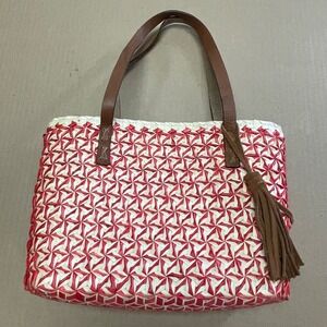 KAYU Red White Woven Straw Tote Bag Handcrafted Boho Summer Beach Purse Tassel